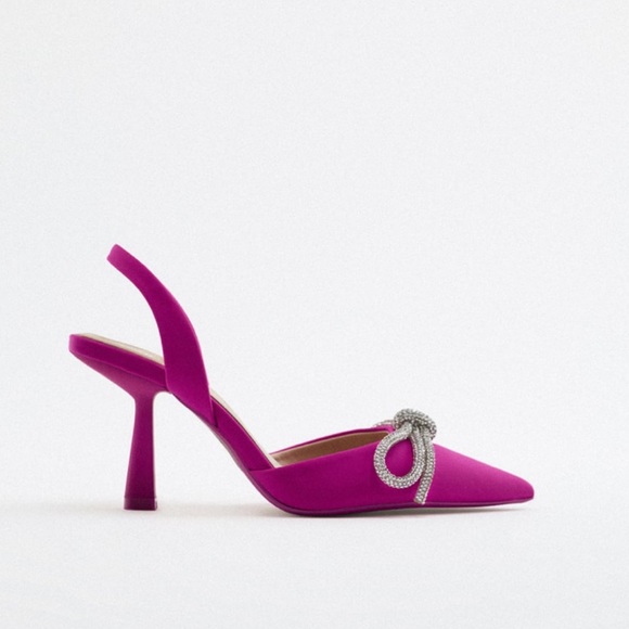 ZARA Fuchsia Pink Satin Embellished Crystal Bow Sling Back Heels - Picture 9 of 16
